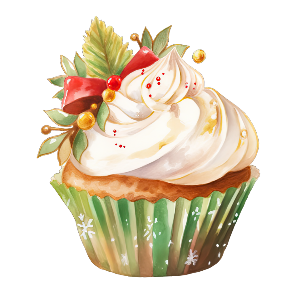 Watercolor Christmas cupcake decoration with bow and red green cream for festive holiday , Ai generative png