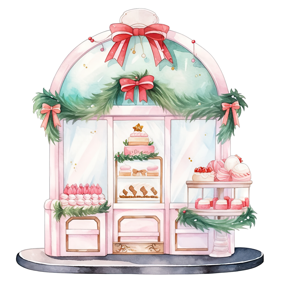 Christmas cake storefront in a winter with decorated bows and wreaths ,ai generative png