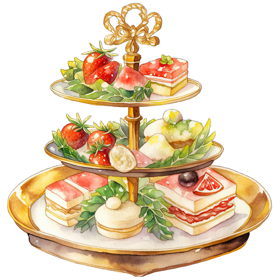 Watercolor Christmas cake serving stand with festive holiday red green decorations , Ai generative png