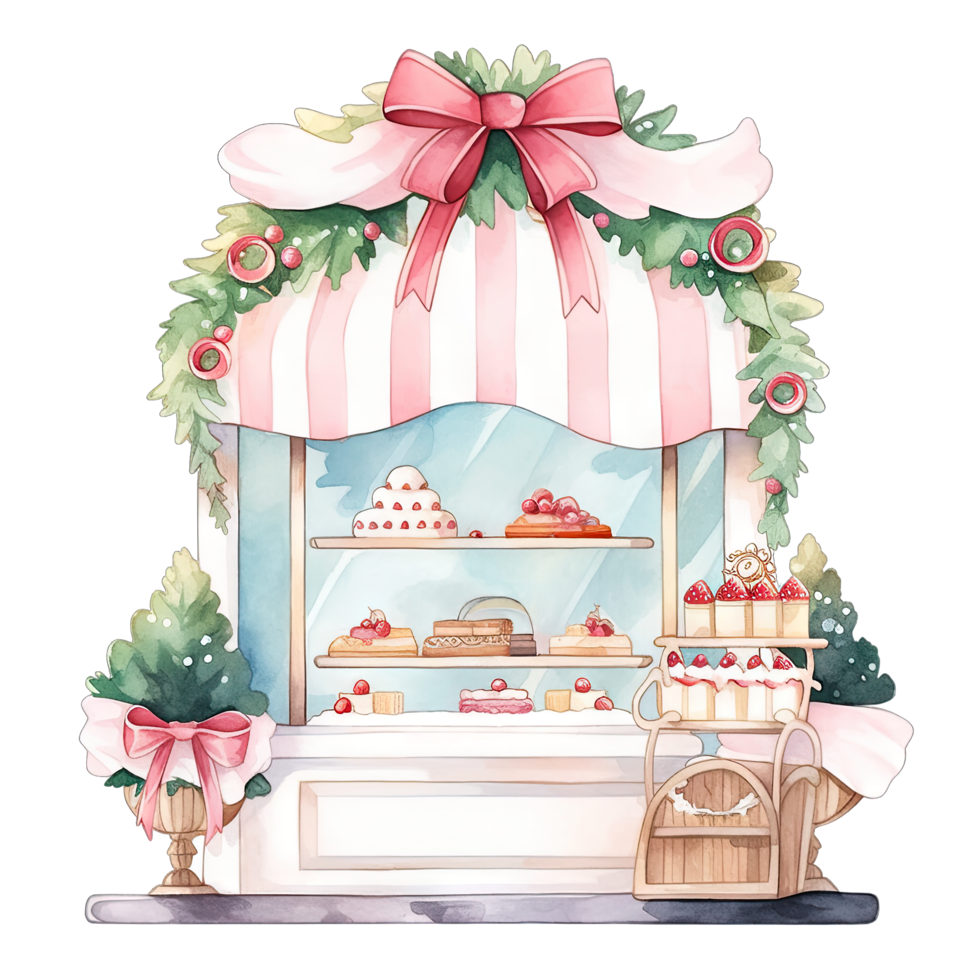 Christmas cake storefront in a winter with decorated bows and wreaths ,ai generative png