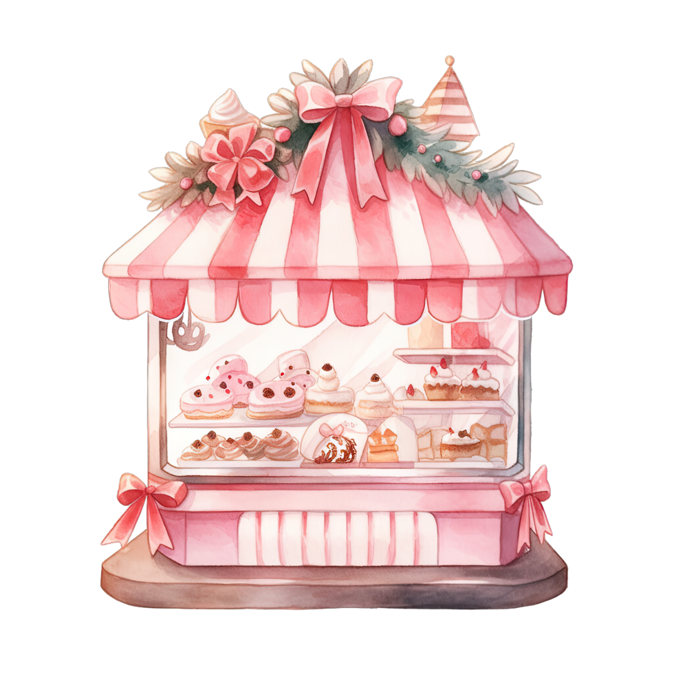 Christmas cake storefront in a winter with decorated bows and wreaths ,ai generative png