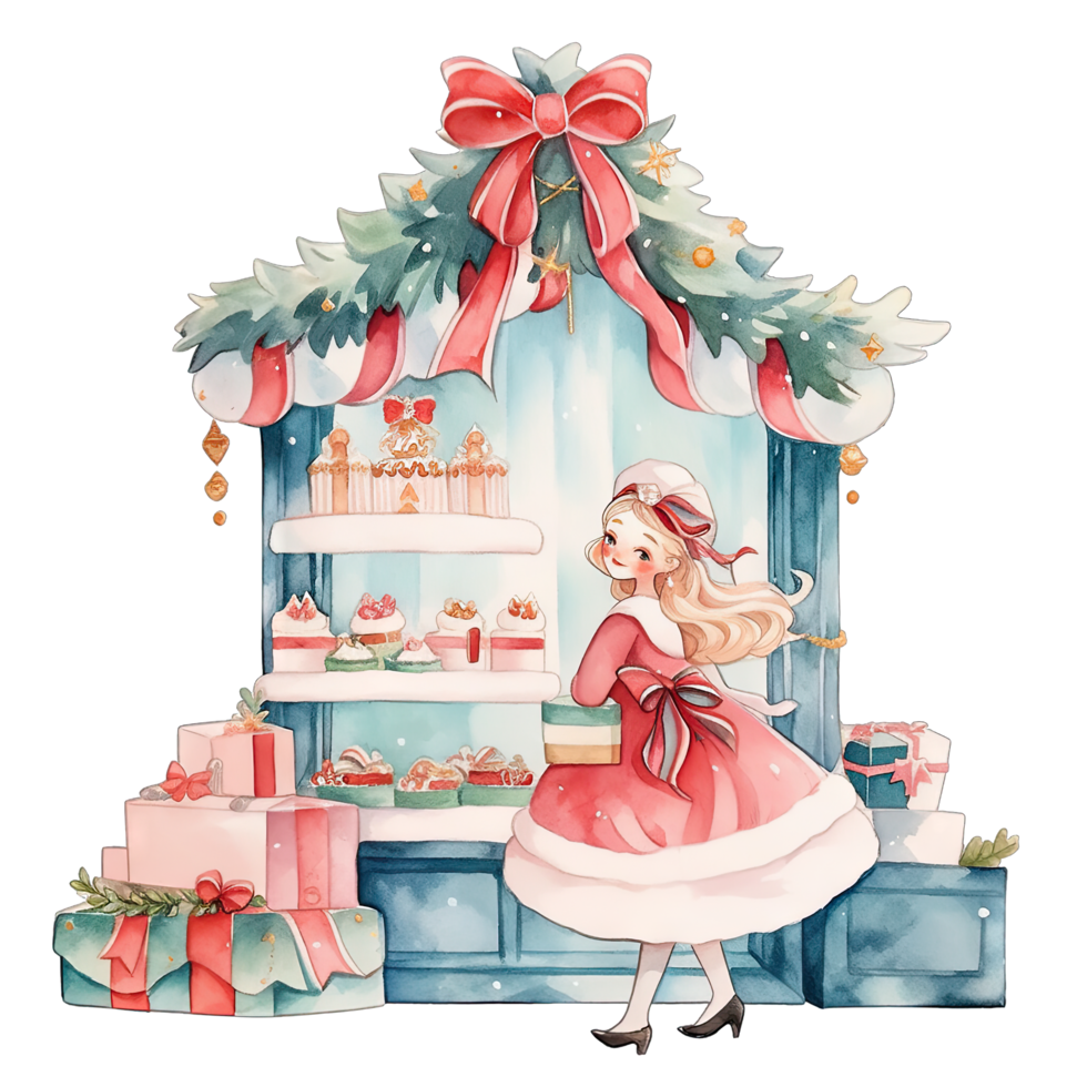 Woman shopping during the winter holidays in front of a Christmas store ,ai generative png