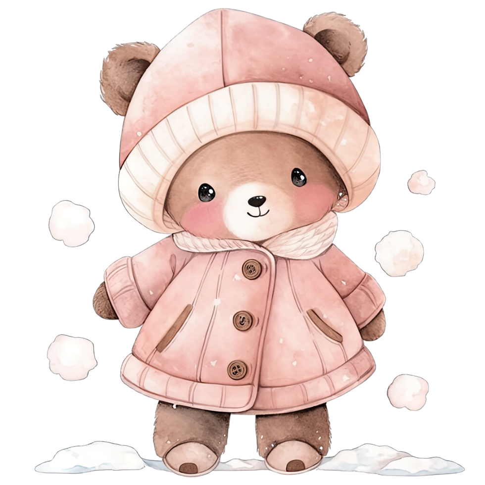 Watercolor baby Bear wears pink winter outfit in festive holiday ,Ai generative png