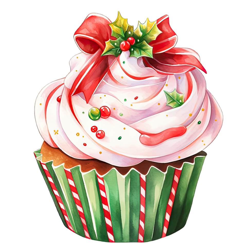 Watercolor Christmas cupcake decoration with bow and red green cream for festive holiday , Ai generative png