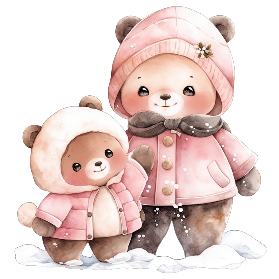 Watercolor baby Bear wears pink winter outfit in festive holiday ,Ai generative png