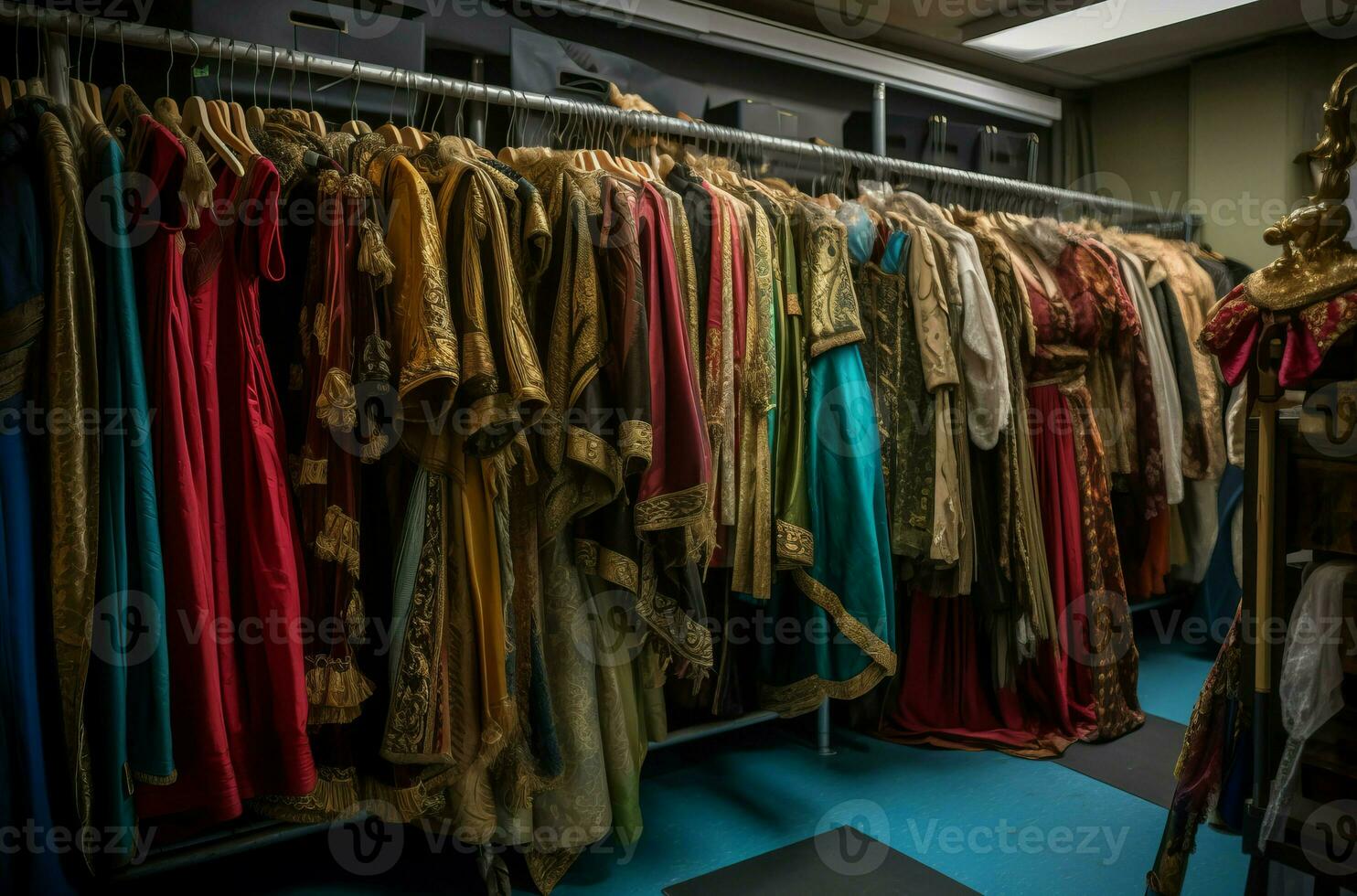 Show costumes rack in theatre. Generate ai photo