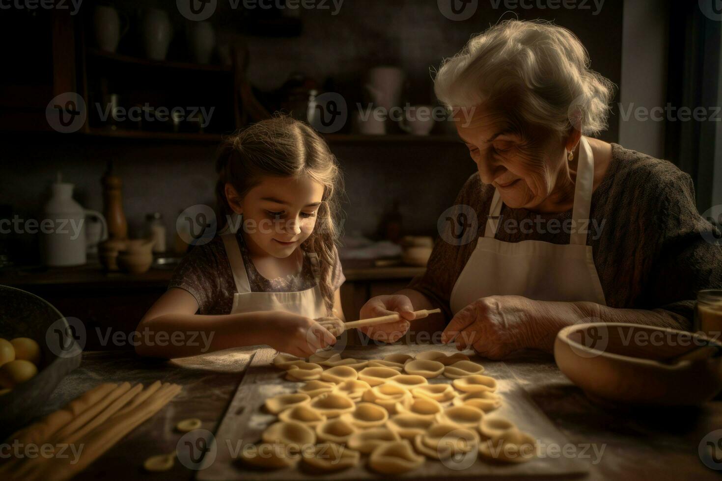 Grandmother teaching granddaughter make pasta. Generate Ai photo