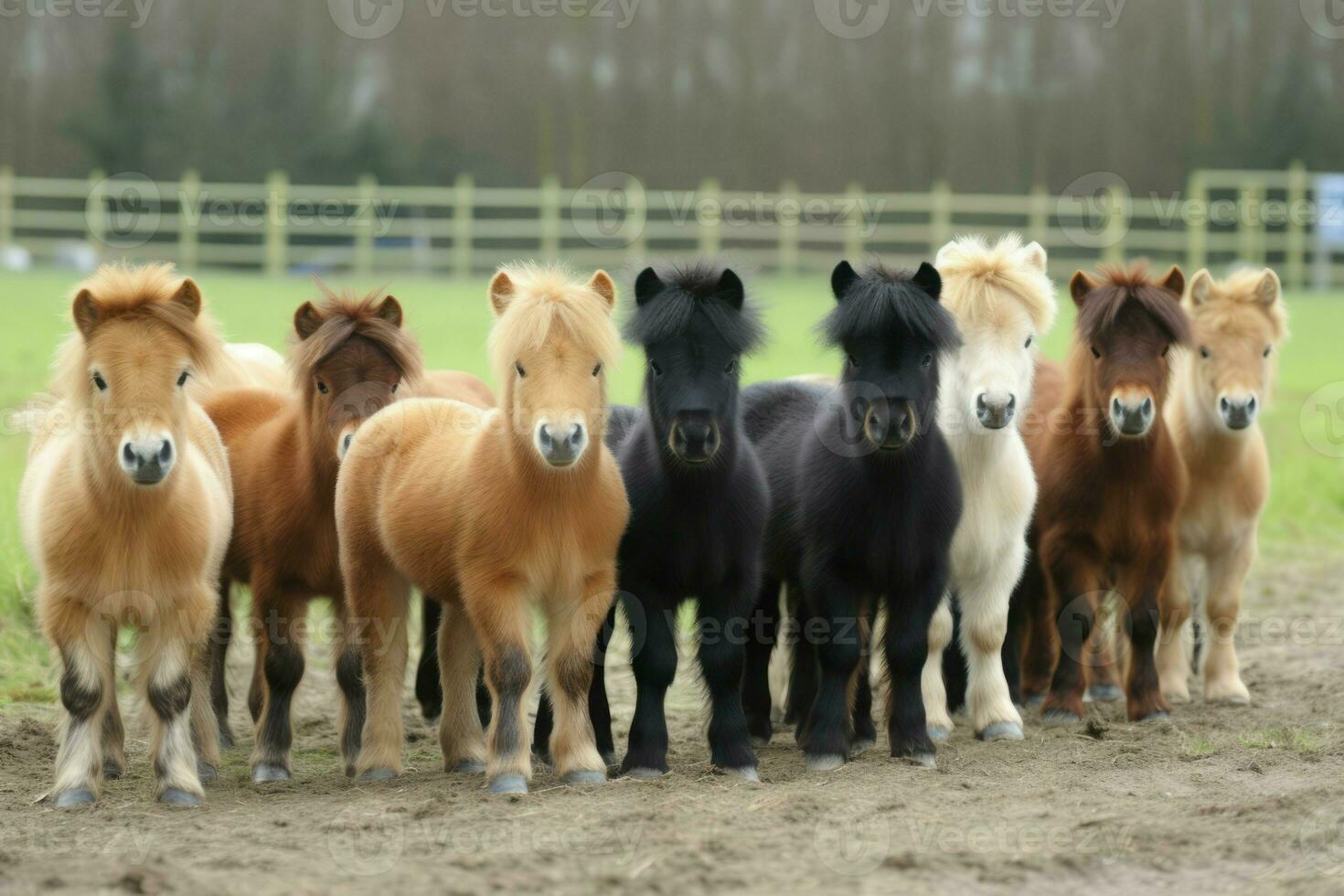 grupo de linda ponis granja rebaño. generar ai foto