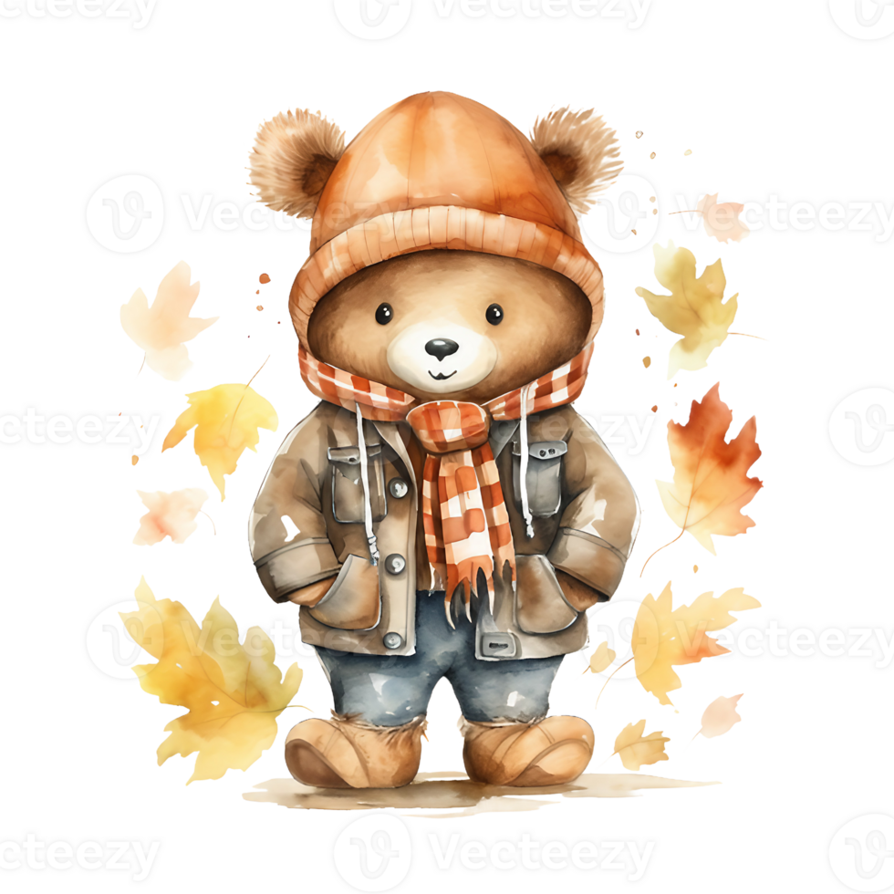 cute watercolor teddy bear wearing autumn clothes isolated on transparent background, AI Generative. png
