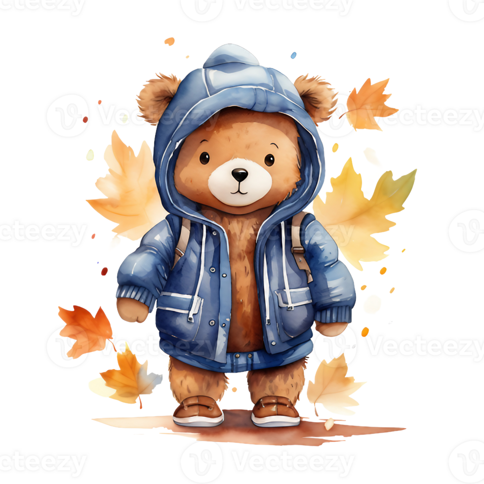 cute watercolor teddy bear wearing autumn clothes isolated on transparent background, AI Generative. png