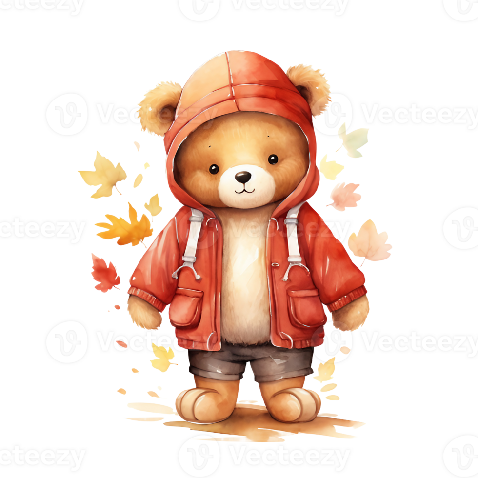 cute watercolor teddy bear wearing autumn clothes isolated on transparent background, AI Generative. png