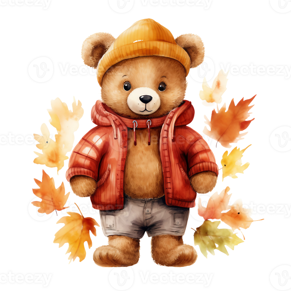 cute watercolor teddy bear wearing autumn clothes isolated on transparent background, AI Generative. png