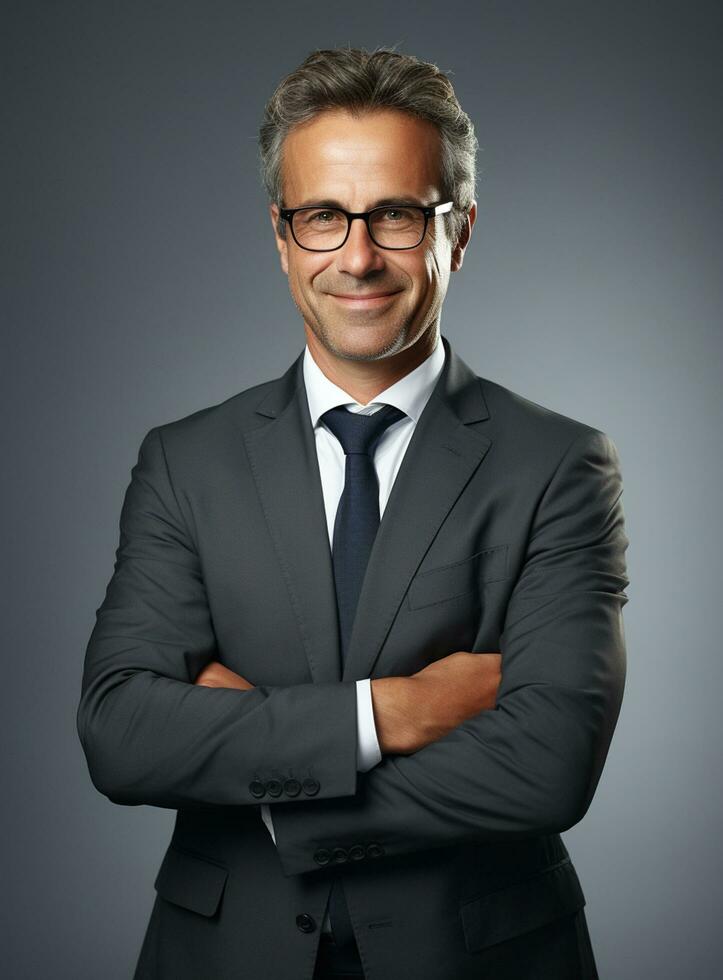 Ai Generative photo confident young businessman in suit standing with arms folded
