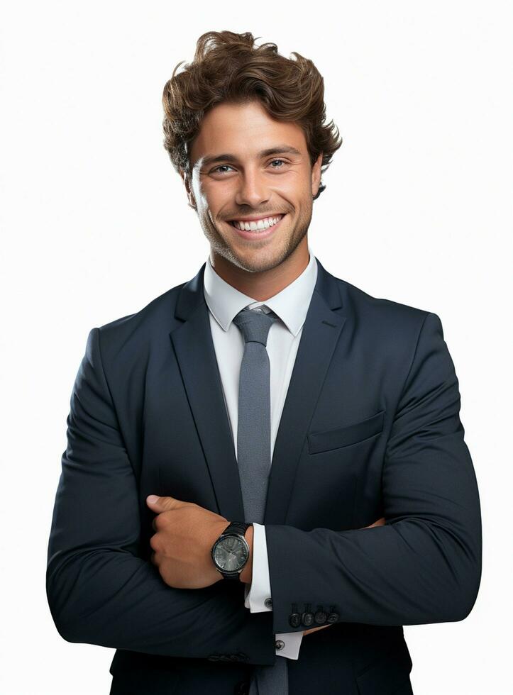 Ai Generative photo confident young businessman in suit standing with arms folded