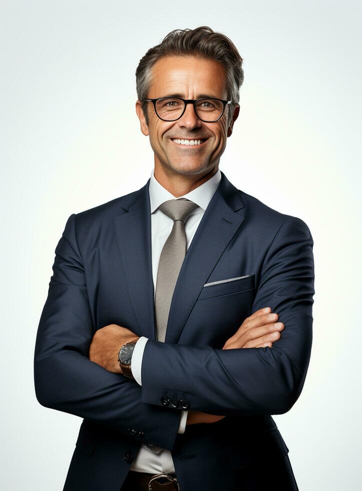 Ai Generative photo confident young businessman in suit standing with arms folded