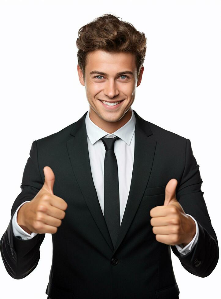 Ai Generative photo happy businessman shows thumbs up sign in suit isolated on white