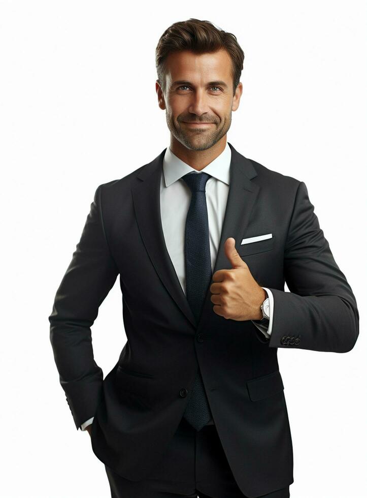 Ai Generative photo happy businessman shows thumbs up sign in suit isolated on white