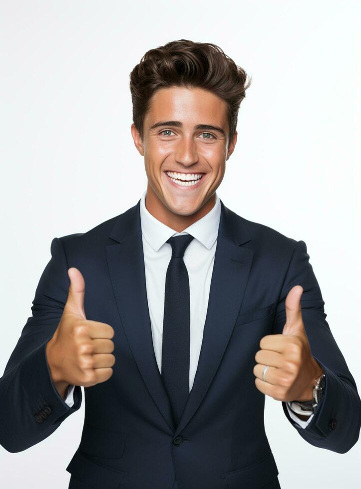 Ai Generative photo happy businessman shows thumbs up sign in suit isolated on white