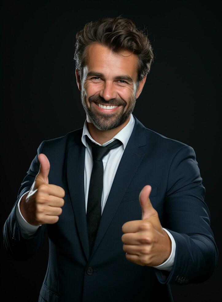 Ai Generative photo happy businessman shows thumbs up sign in suit isolated on white