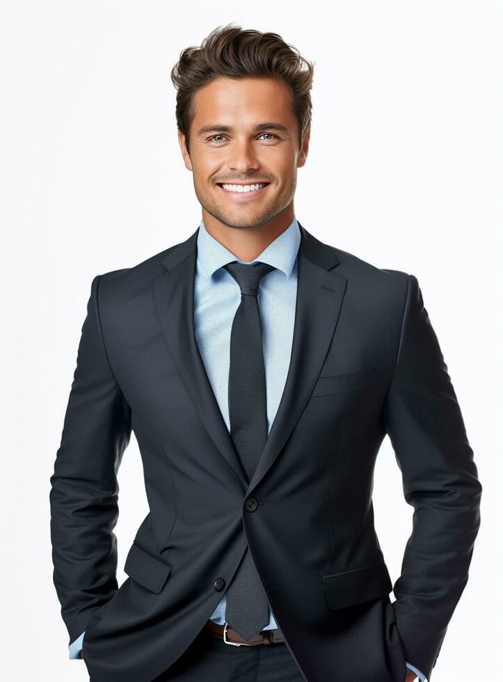 Ai Generative happy business man in a suit white background photo