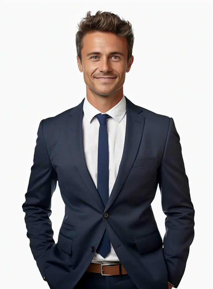 Ai Generative happy business man in a suit white background photo