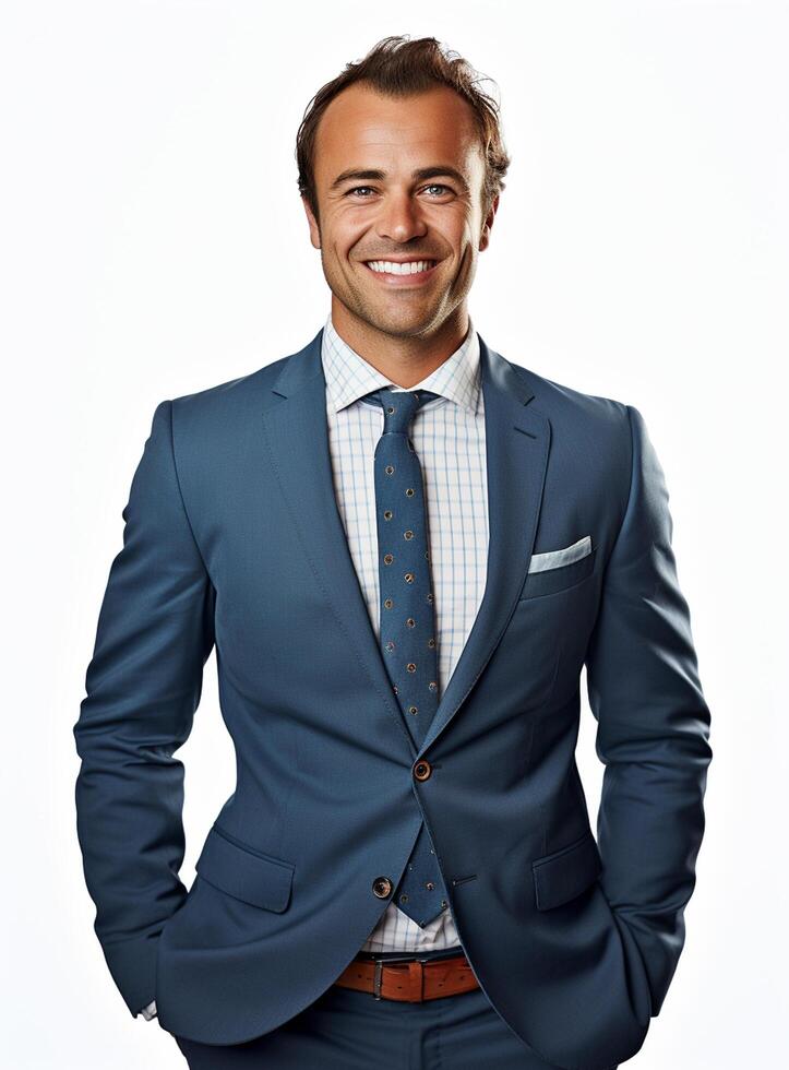 Ai Generative happy business man in a suit white background photo