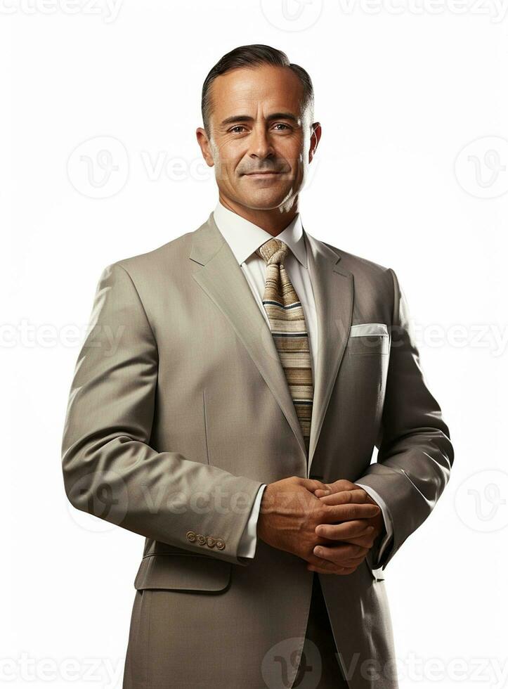 Ai Generative happy business man in a suit white background photo