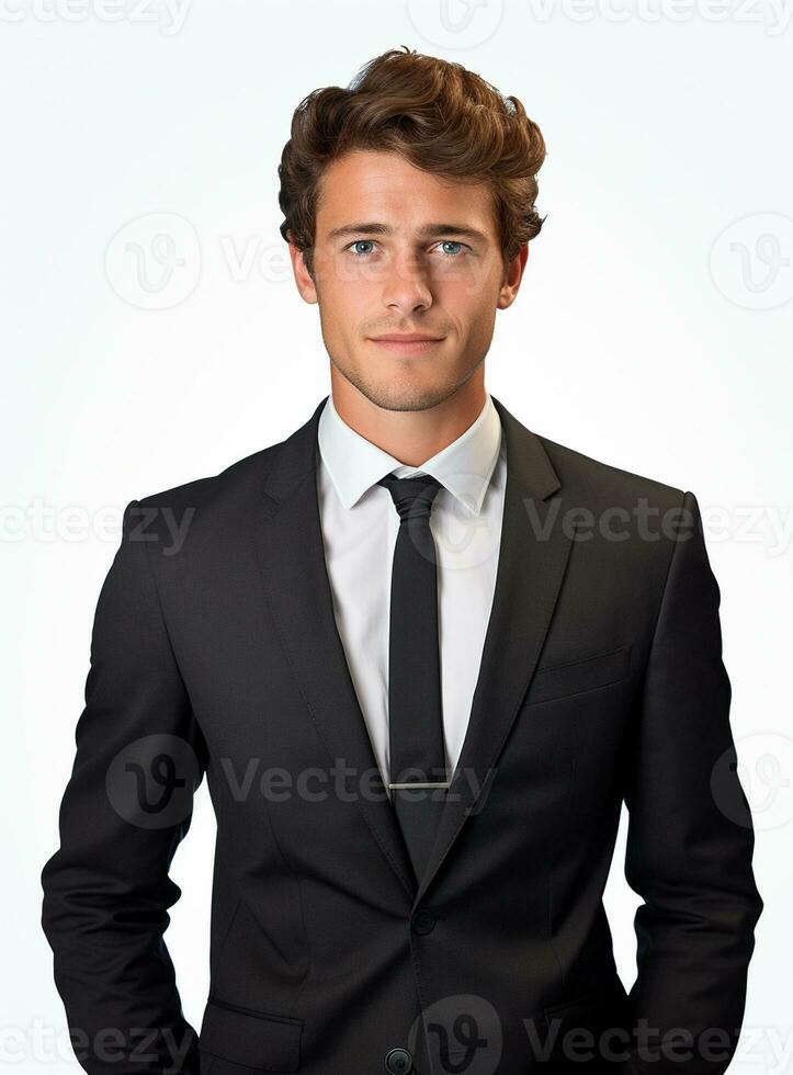 Ai Generative happy business man in a suit white background photo