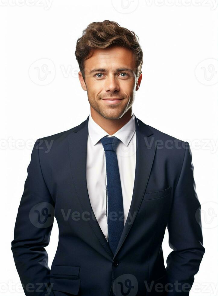 Ai Generative happy business man in a suit white background photo