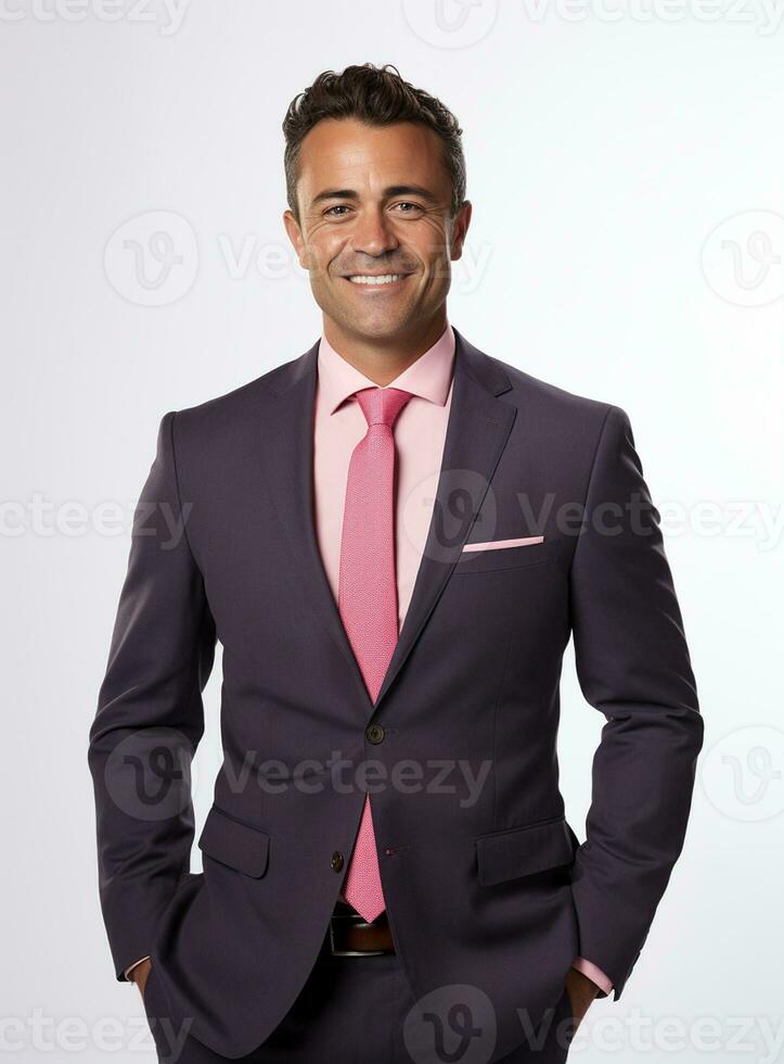 Ai Generative happy business man in a suit white background photo