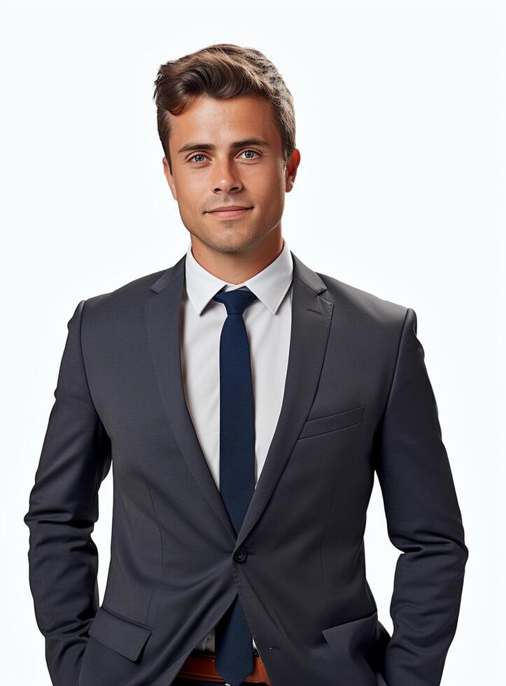 Ai Generative happy business man in a suit white background photo