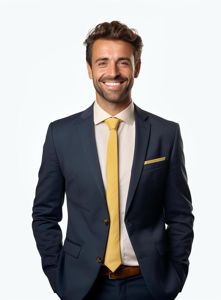 Ai Generative happy business man in a suit white background photo