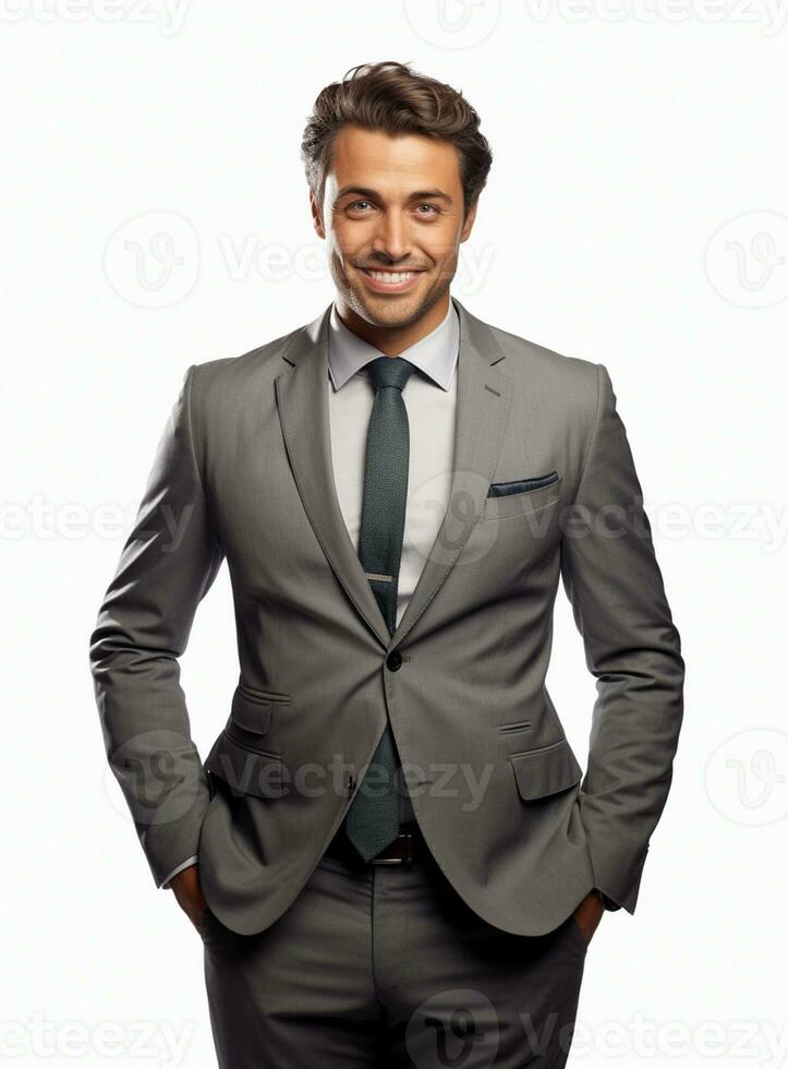 Ai Generative happy business man in a suit white background photo