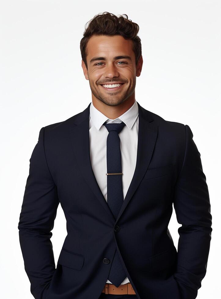 Ai Generative happy business man in a suit white background photo