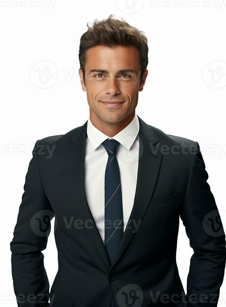 Ai Generative happy business man in a suit white background photo