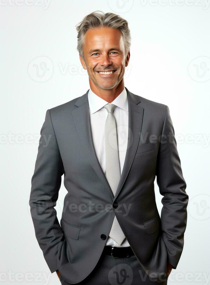 Ai Generative happy business man in a suit white background photo