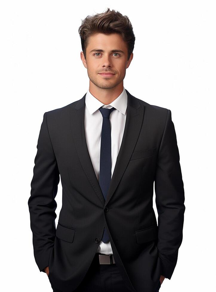 Ai Generative happy business man in a suit white background photo