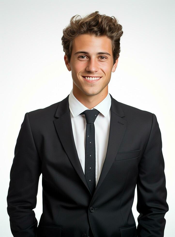 Ai Generative happy business man in a suit white background photo