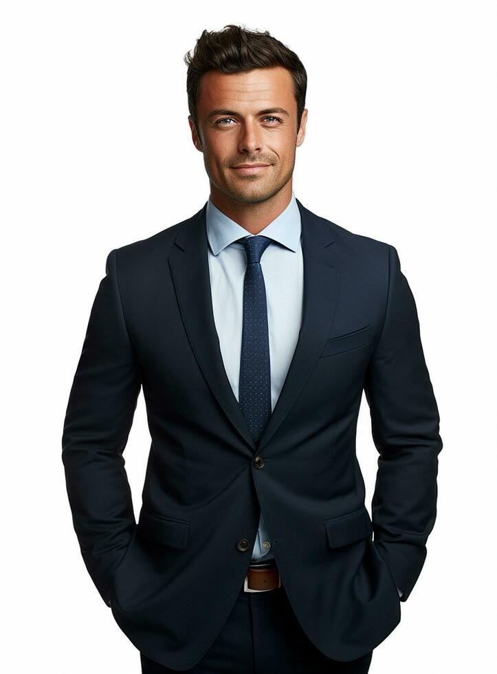 Ai Generative happy business man in a suit white background photo