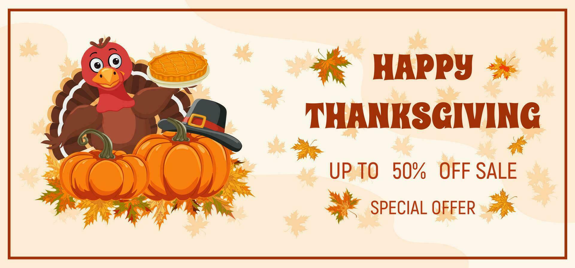 Thanksgiving Day Sale Promo Poster. Holiday discount banner with turkey bird, pumpkin, pumpkin pie, pilgrim hat. Vector illustration for poster, banner, special offer.