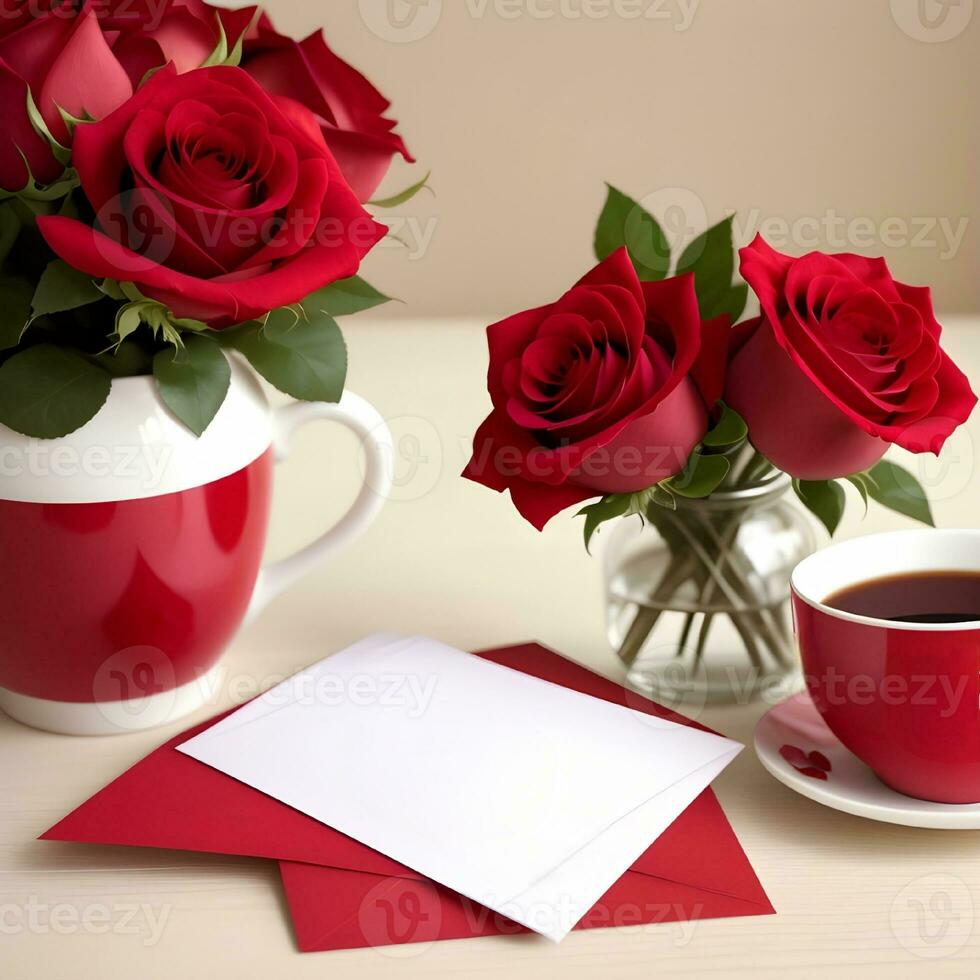 AI generated Generative AI fantasy on the theme Valentine's Day Background. Gift, coffee, roses, hearts arranged for a holiday card. Valentine's Day concept. photo