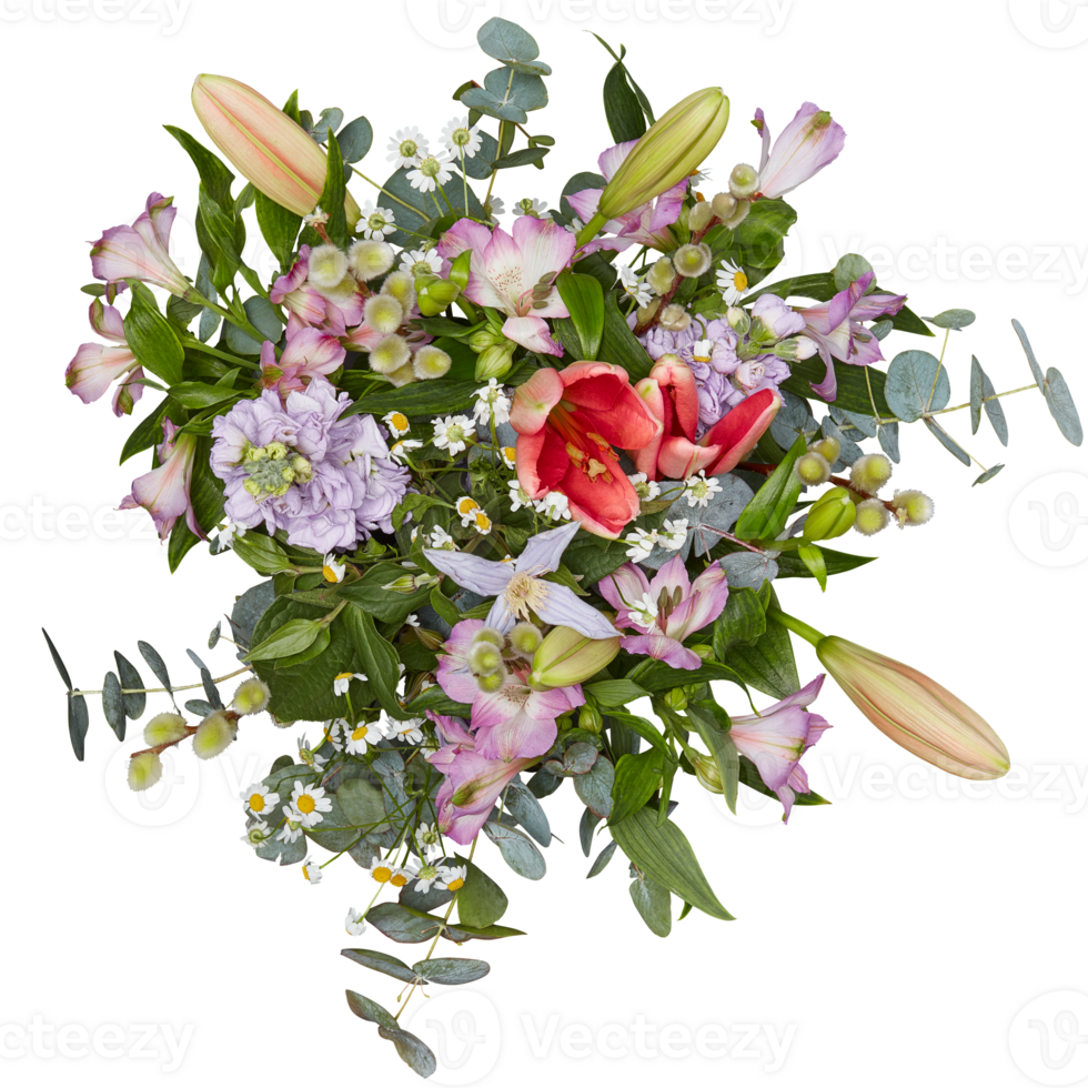 Fresh Bouquet of flowers, top view cut out isolated transparent background png