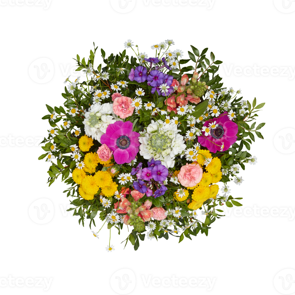 Fresh Bouquet of flowers, top view cut out isolated transparent background png