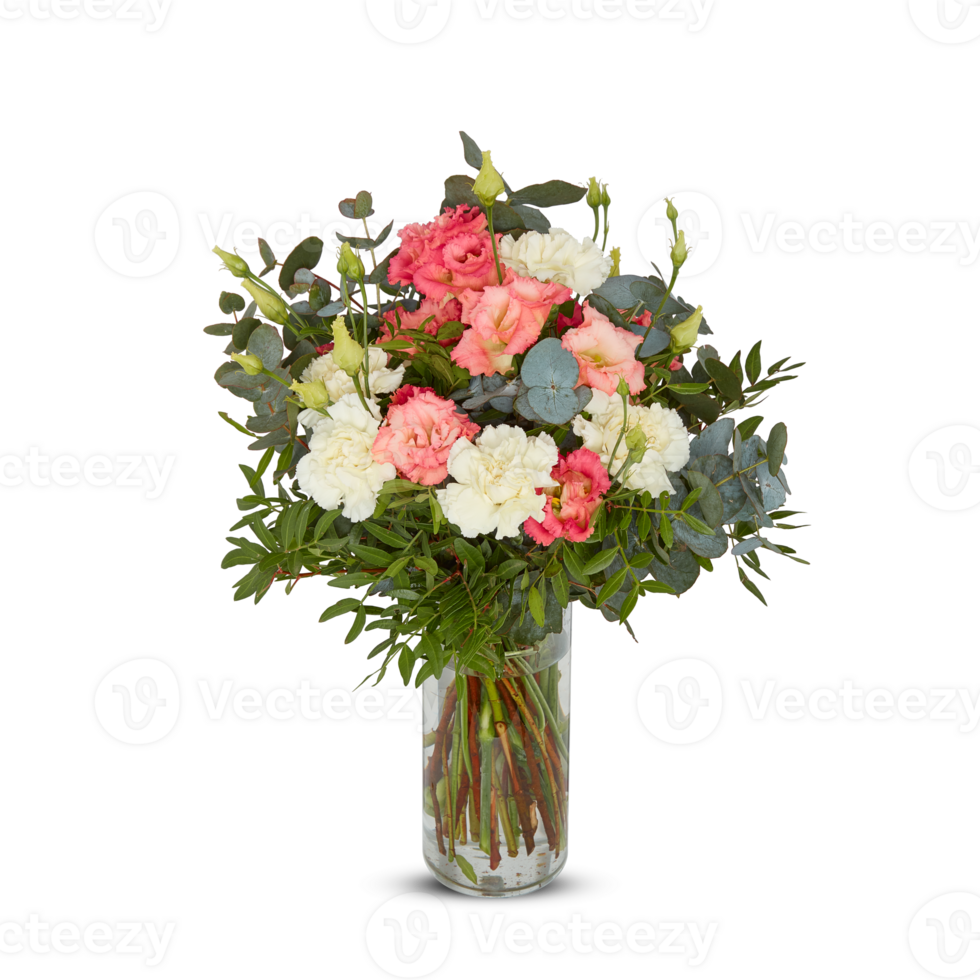 Fresh Bouquet of flowers in a glass vase cut out isolated transparent background png