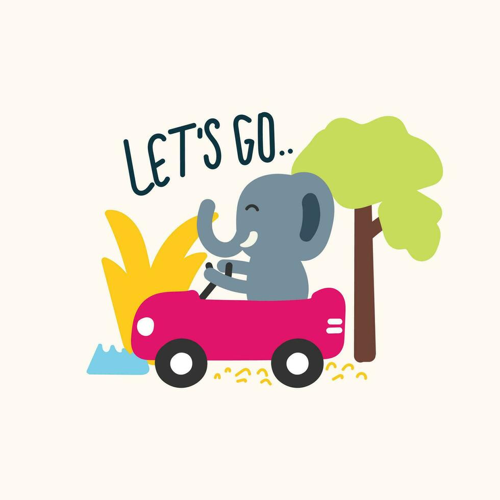 Cute elephant driving a car, hand drawn illustration for for fabric, textile and print vector