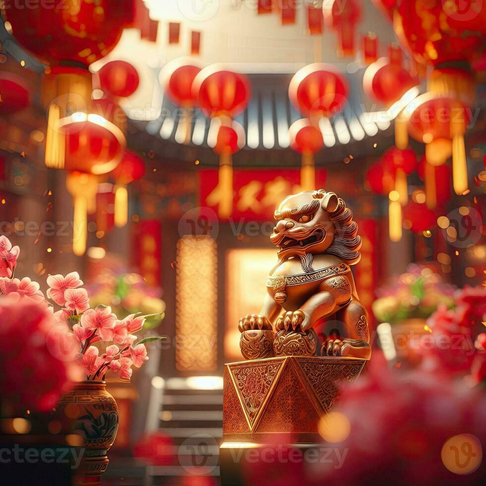 AI Generative Chinese New Year background with traditional lanterns, candles and flowers. photo