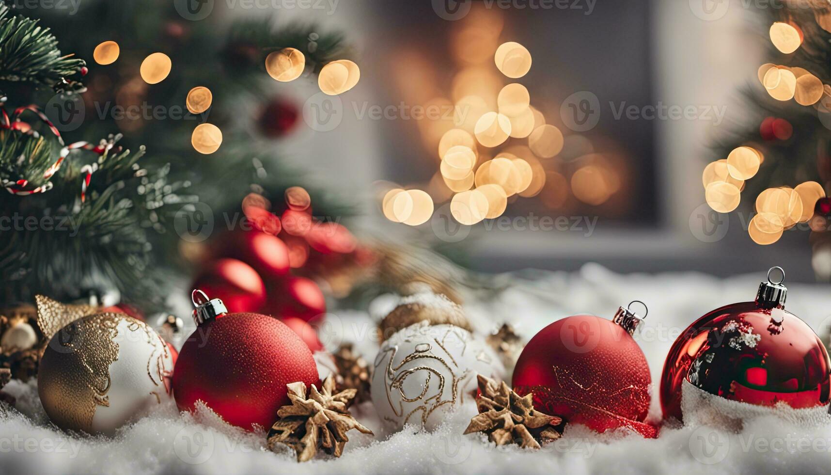 AI Generative Christmas decoration with burning candles, gingerbread house, Christmas tree and bokeh background. photo