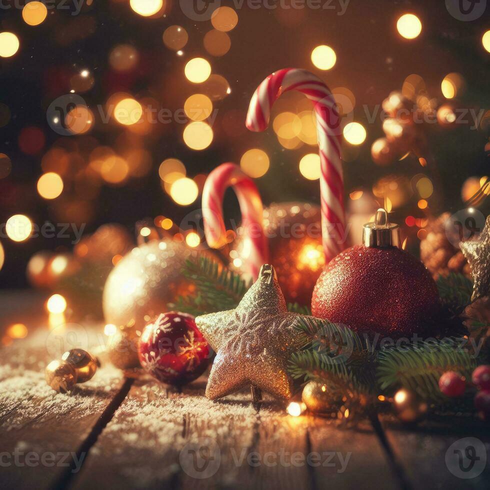 AI Generative Christmas decoration with burning candles, gingerbread house, Christmas tree and bokeh background. photo