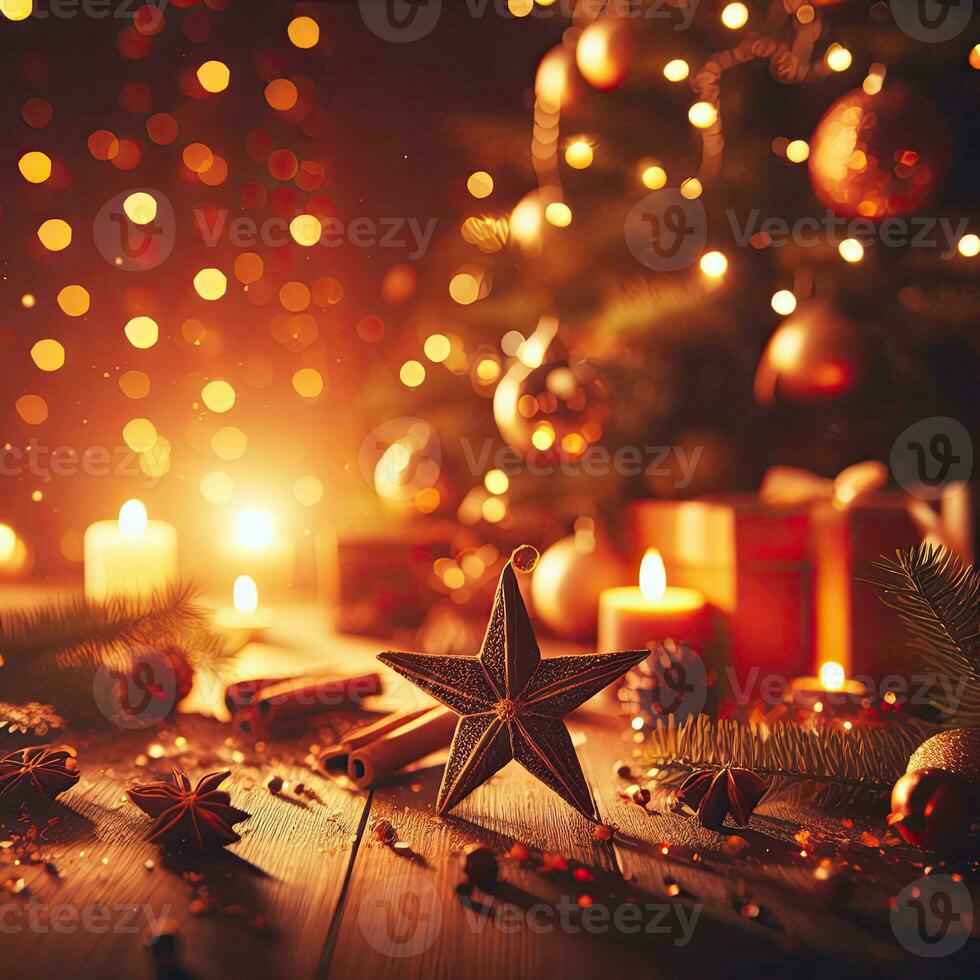 AI Generative Christmas decoration with burning candles, gingerbread house, Christmas tree and bokeh background. photo