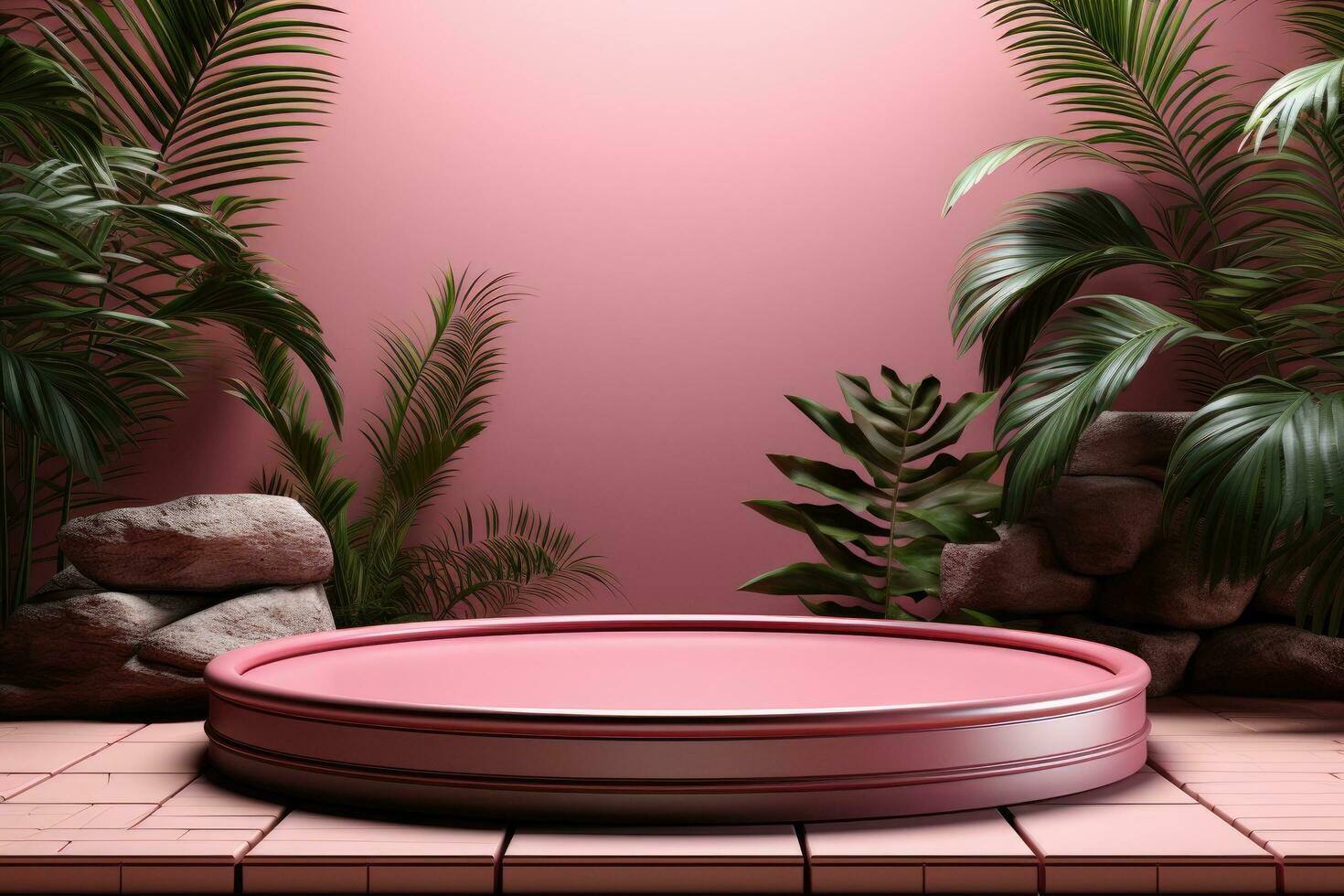 3D render of pink background with tropical leaves and podiums, 8k by Generative AI photo